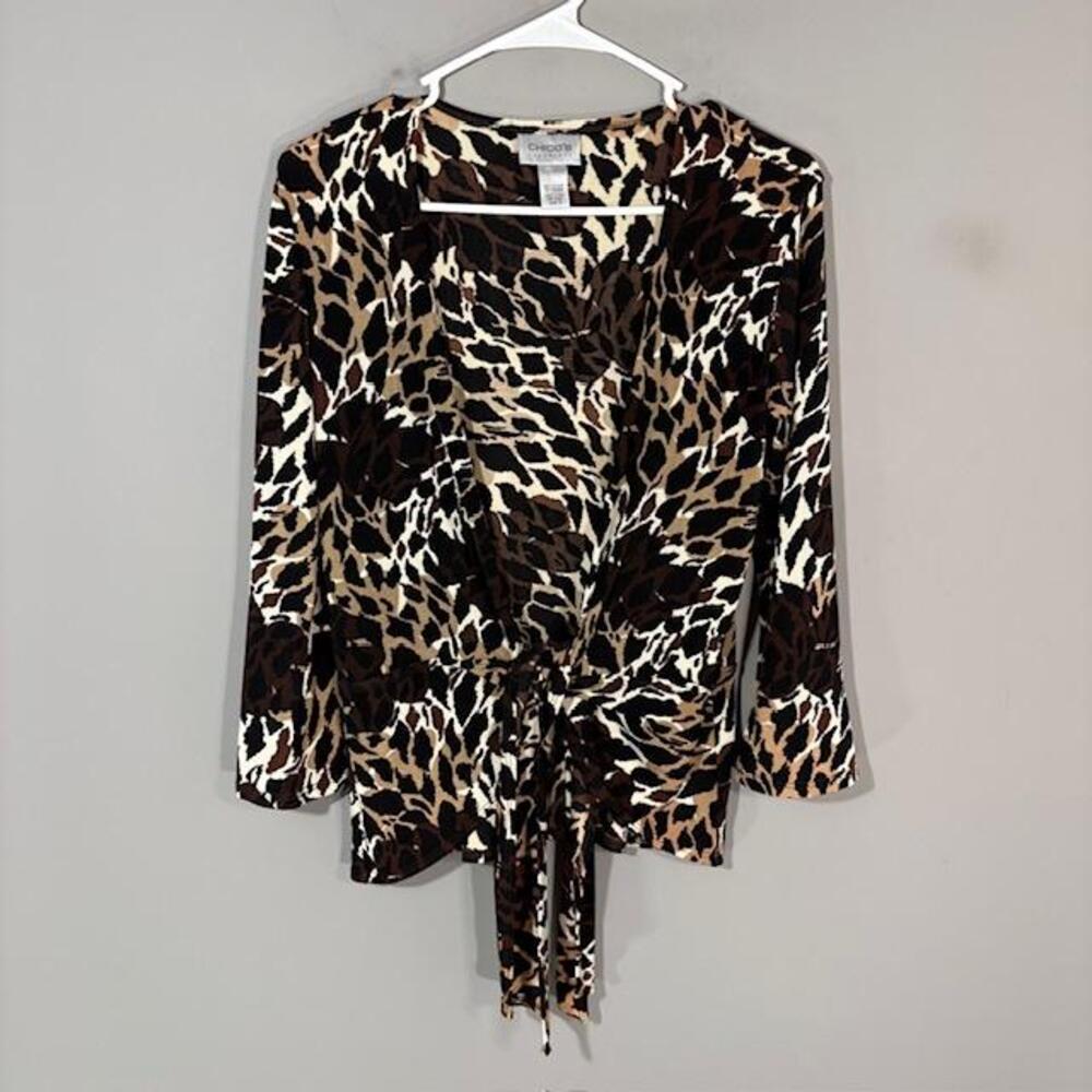 Chico's Travelers Tunic Blouse Womens 0 Brown Animal Print Tie 3/4 Sleeve Top